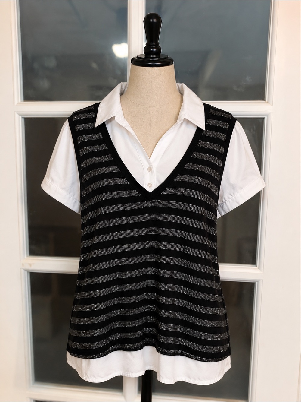 Paris Blues Plus Size Faux Layered Collared Short Sleeve Metallic Knit Top Y2K